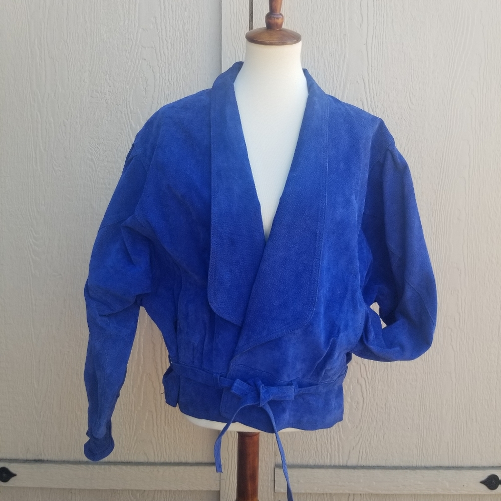 Vintage Branded Lion Suede Blue Puff Sleeve Moto Biker Waist Jacket